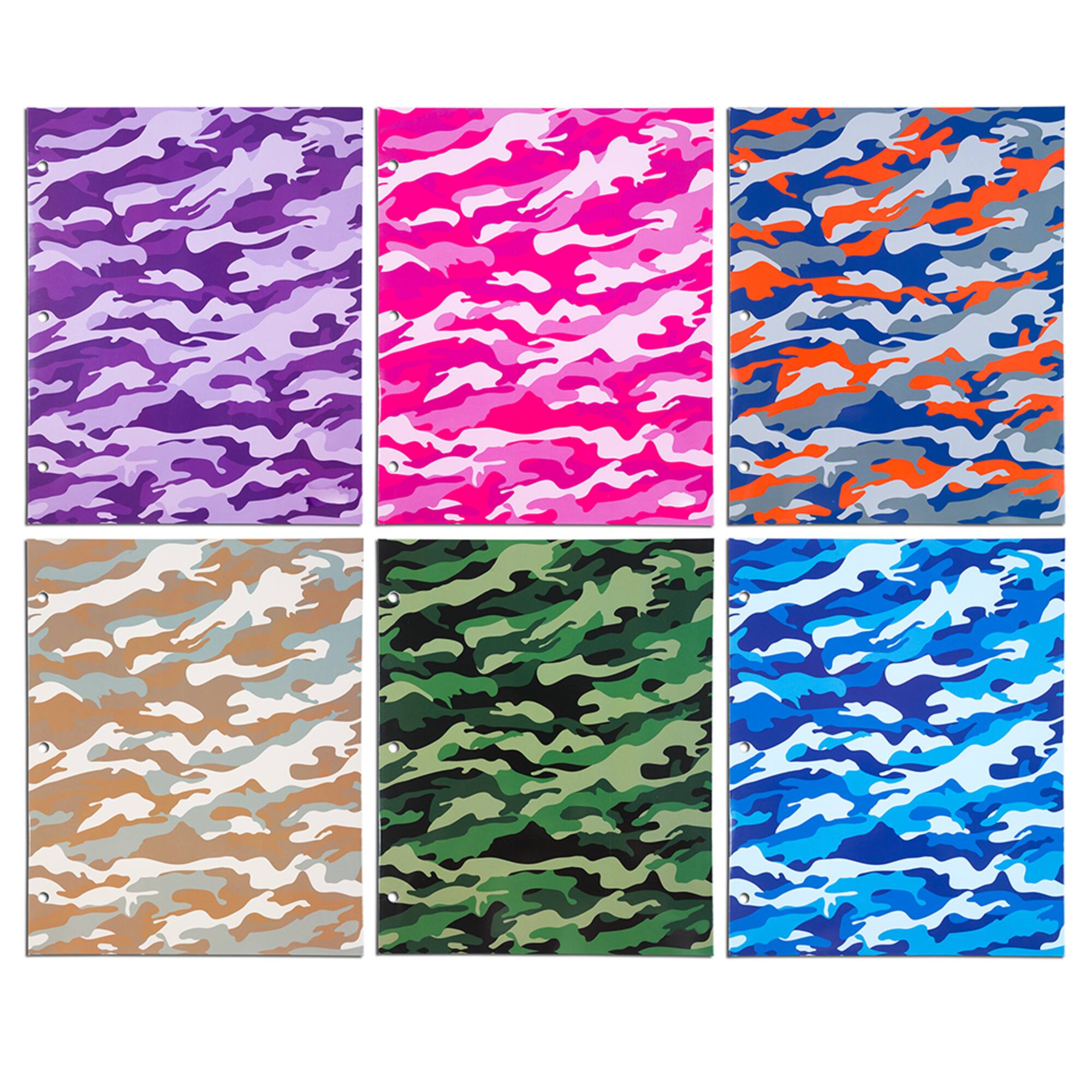 JAM Paper Camo Glossy Laminated Two Pocket 3 Hole Punch School Folders, 6ct.